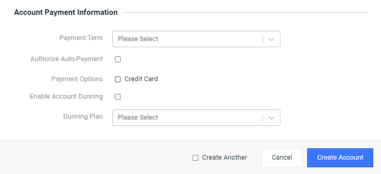 Add Billing Account Window - Account Payment Information Section