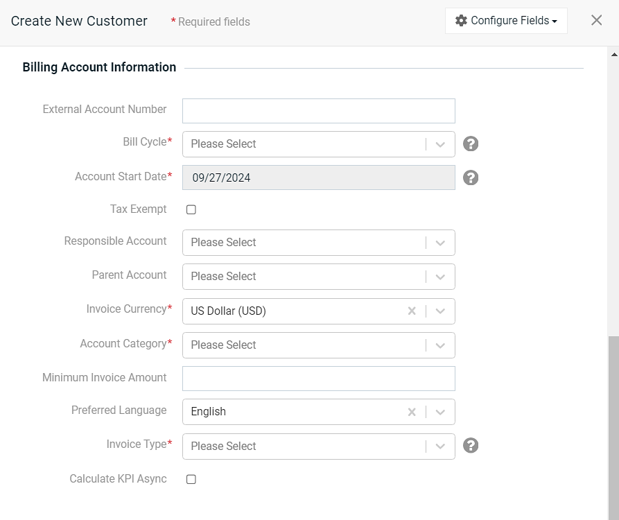 Create New Customer Window - Billing Account Information Section