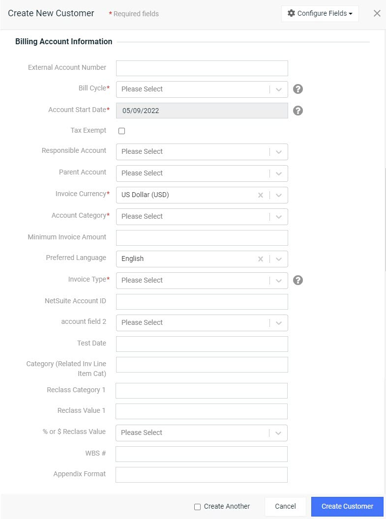 Create New Customer Window - Billing Account Information Section