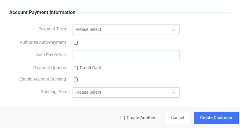 Create New Customer Window - Account Payment Information