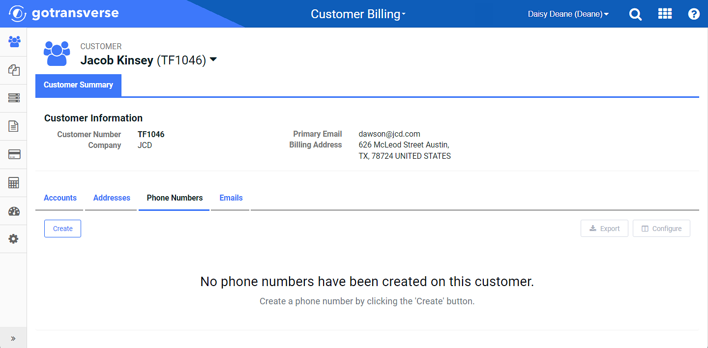 Customer Summary Window Phone Numbers Detail Tab