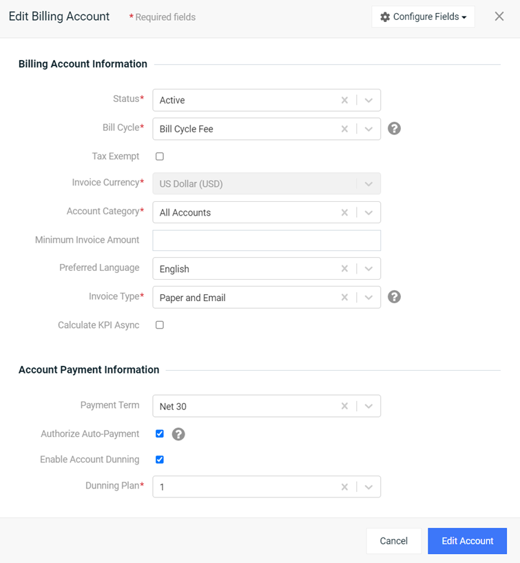 Edit Billing Account Window