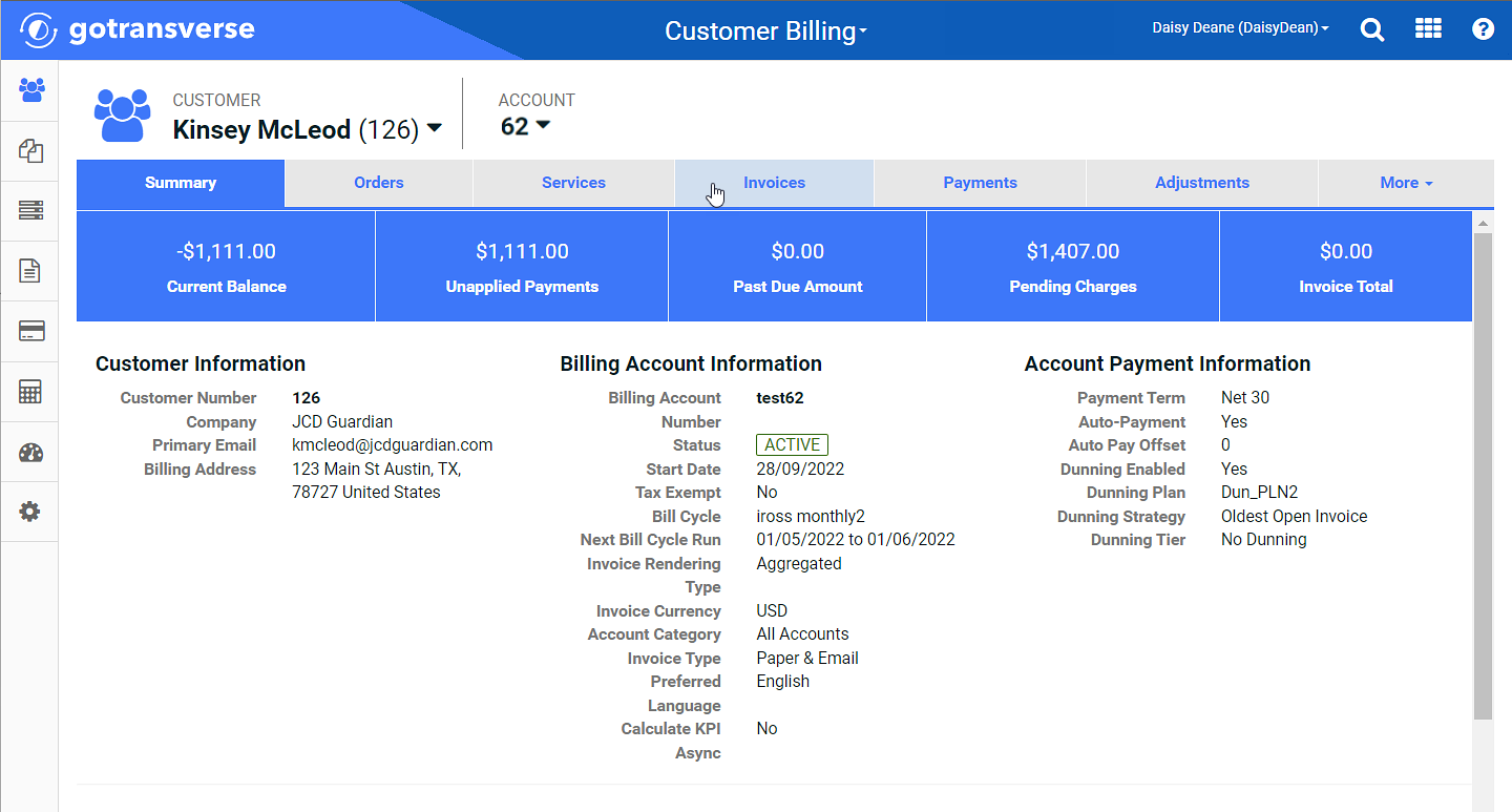 Customer Account Summary Window with Dunning Information