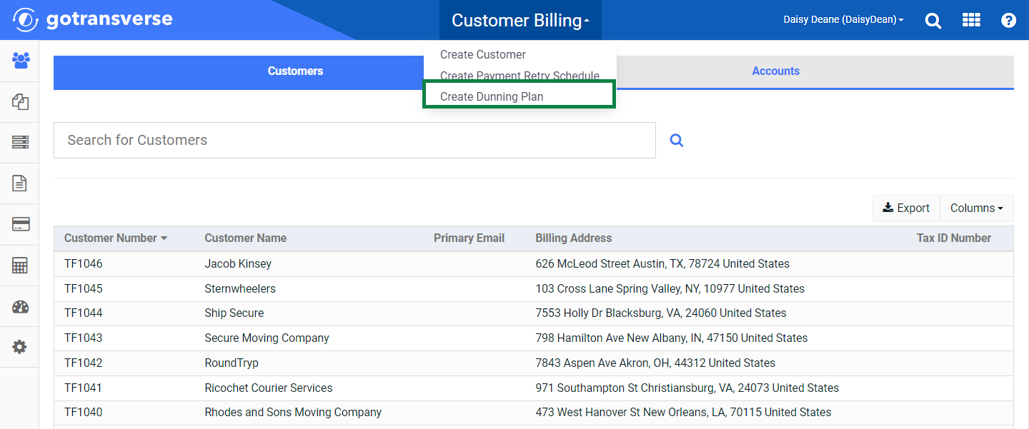 Customer Billing Drop-down Menu - Create Dunning Plan Option