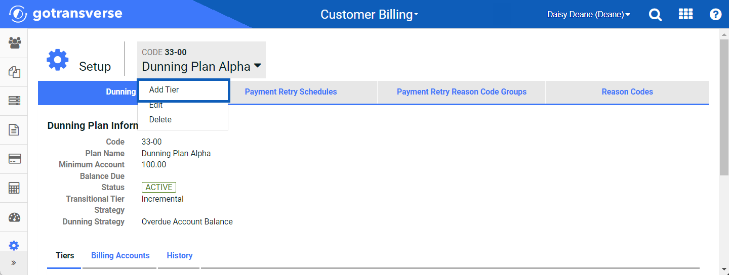 Dunning Plan Drop-down Menu - Add Tier Option