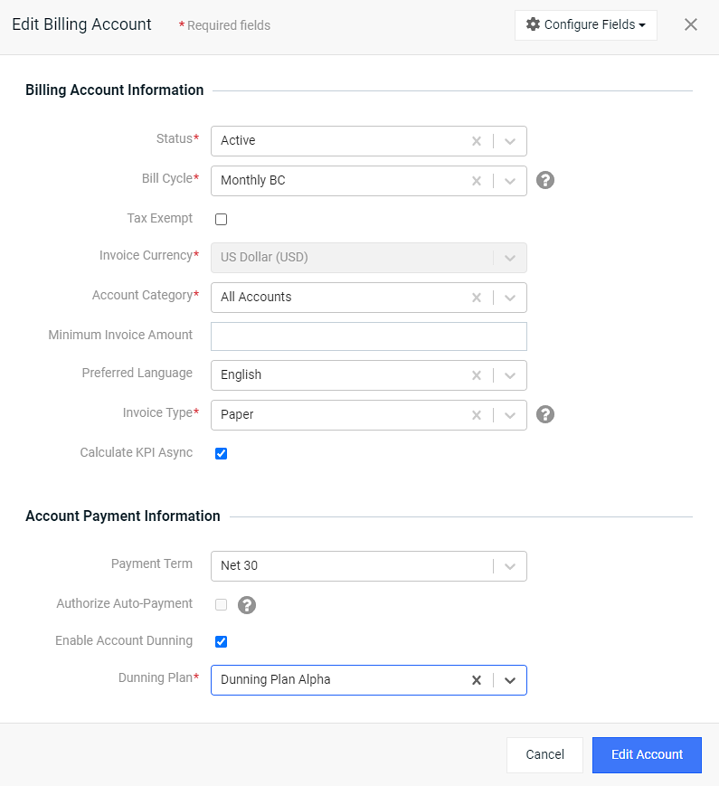 Edit Billing Account Window - Enable Account Dunning