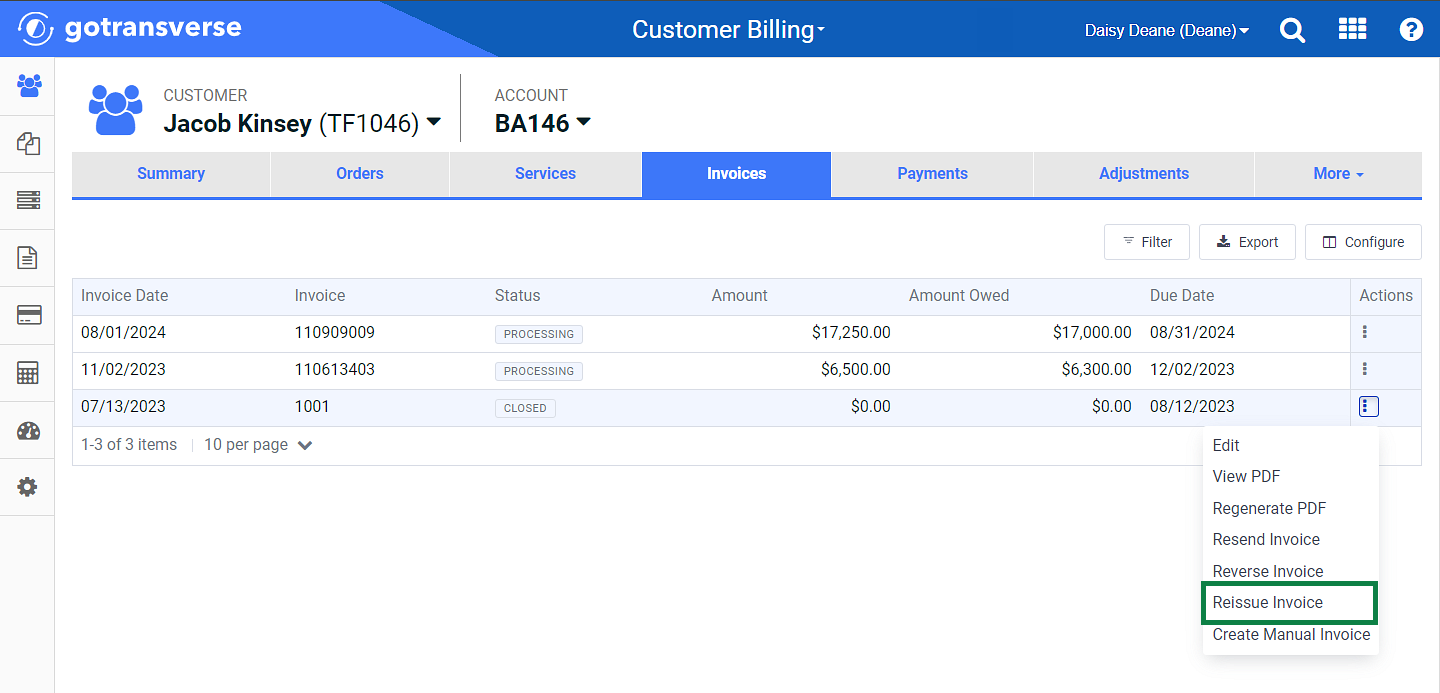 Invoices Tab - Reissue Inovice Option