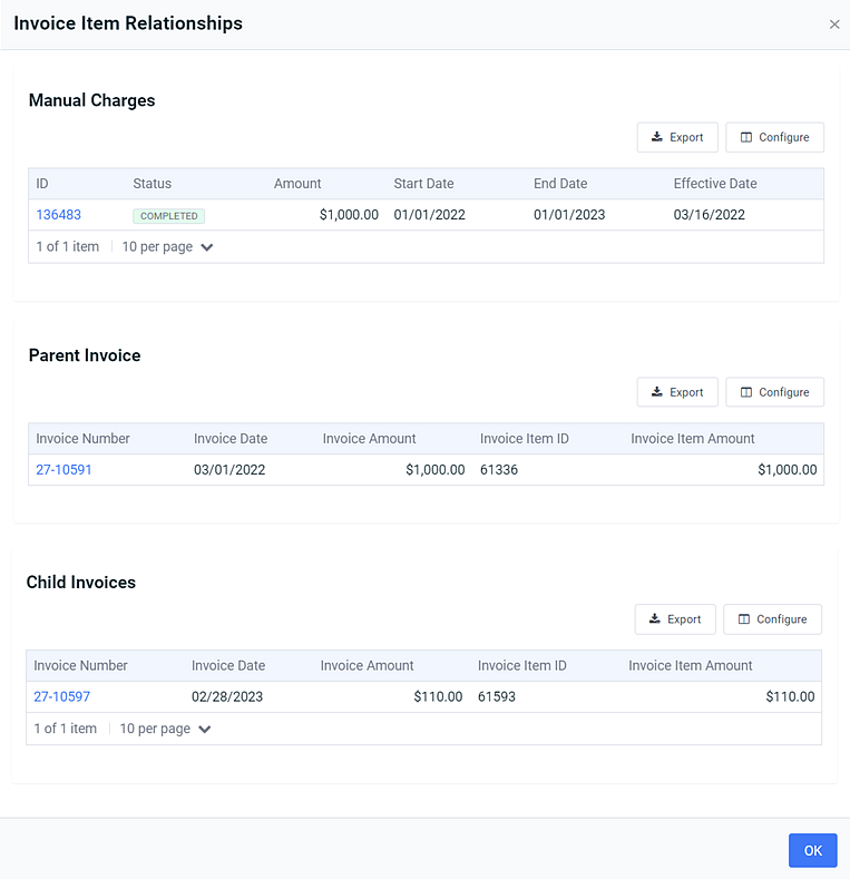 Invoice Item Relationships Window