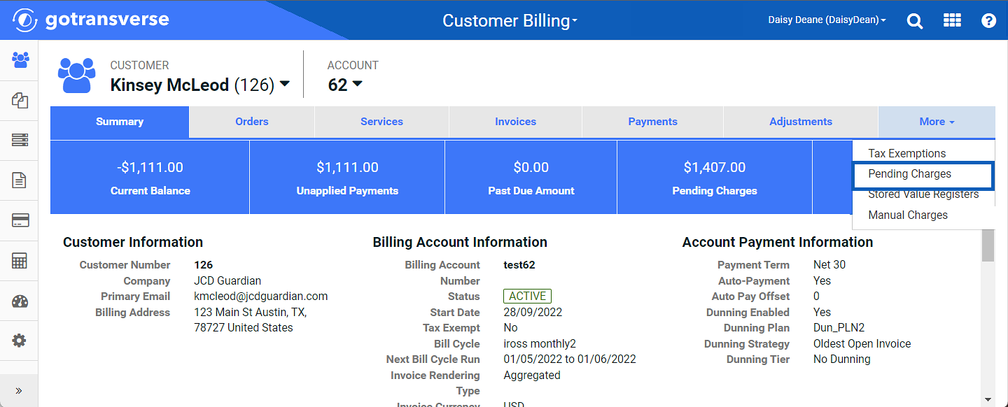 More Menu - Pending Charges or Manual Charges