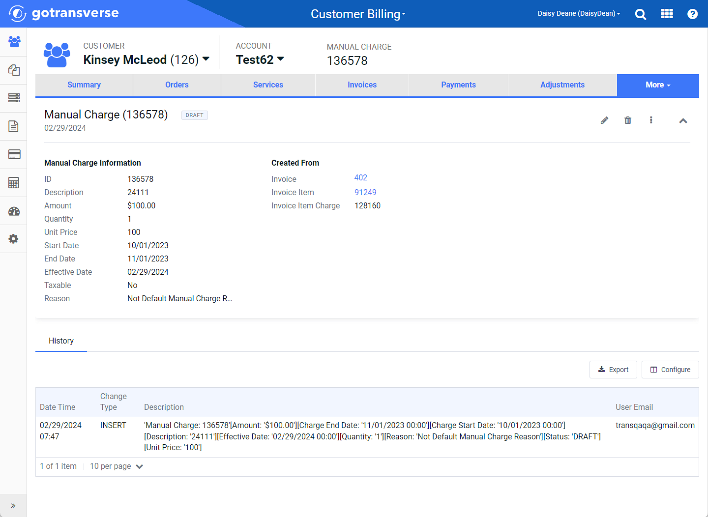 Manual Charge Information Window