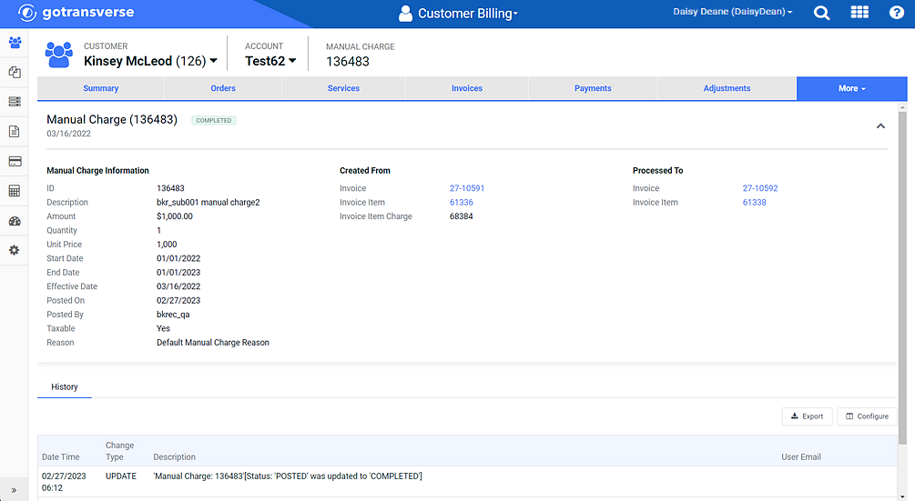 Completed Manual Charge Information Window