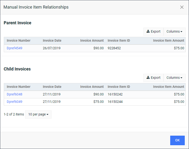 Manual Invoice Item Relationships Window