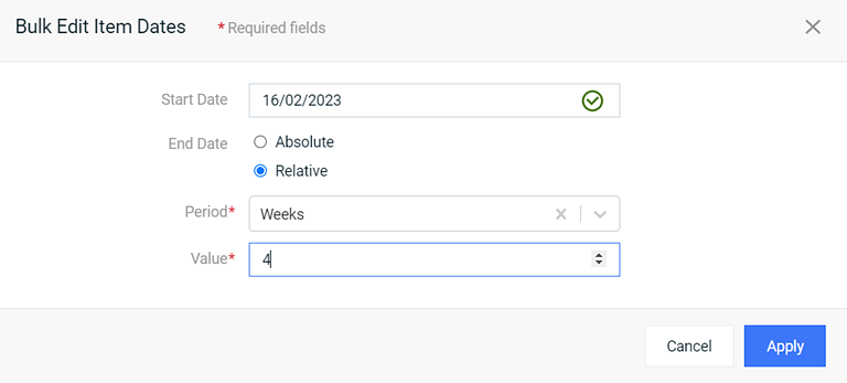 Bulk Edit Items Dates Window - Relative End Date