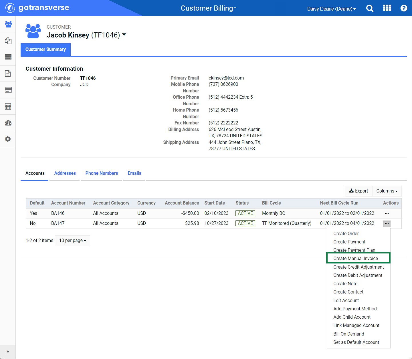 Customer Summary Window Create Manual Invoice