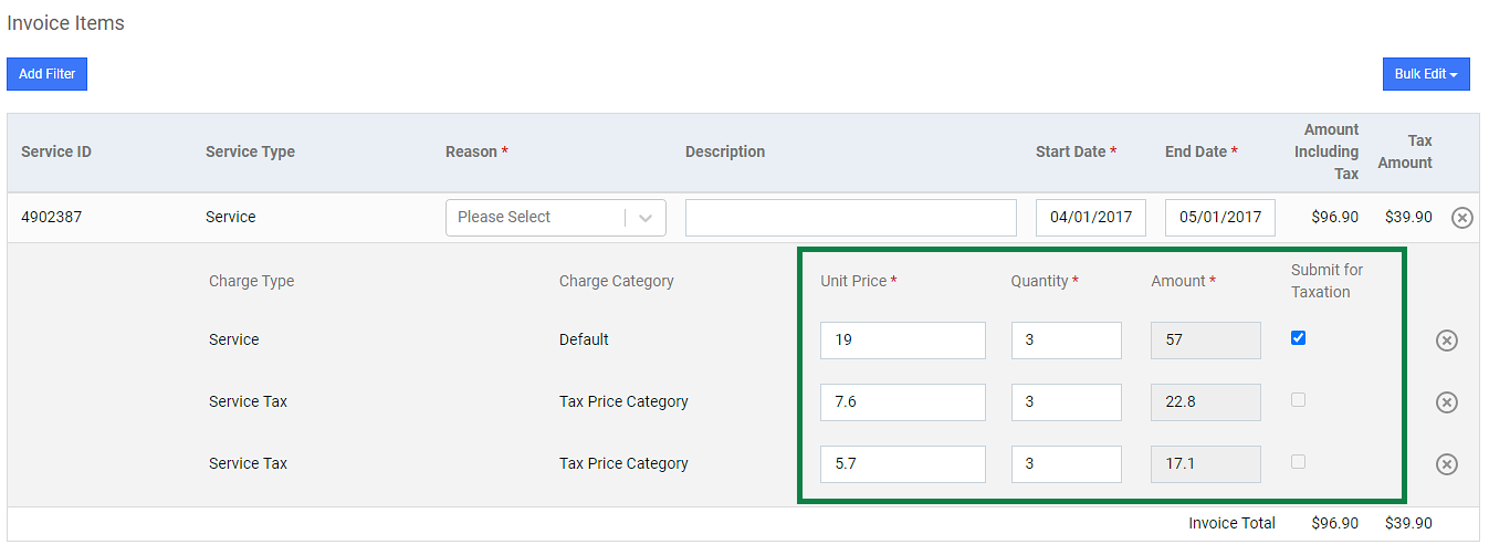 Invoice Items Charges Fields