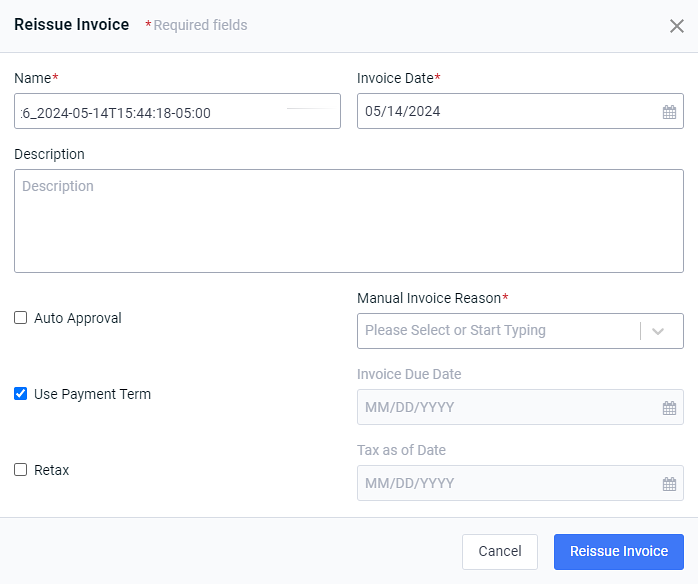 Reissue Invoice Window