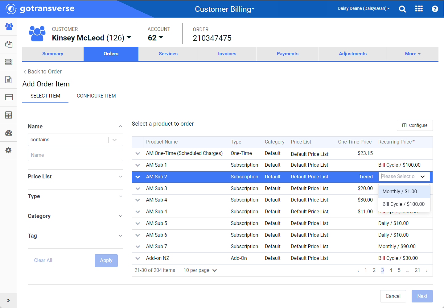 Recurring Price Drop-down List