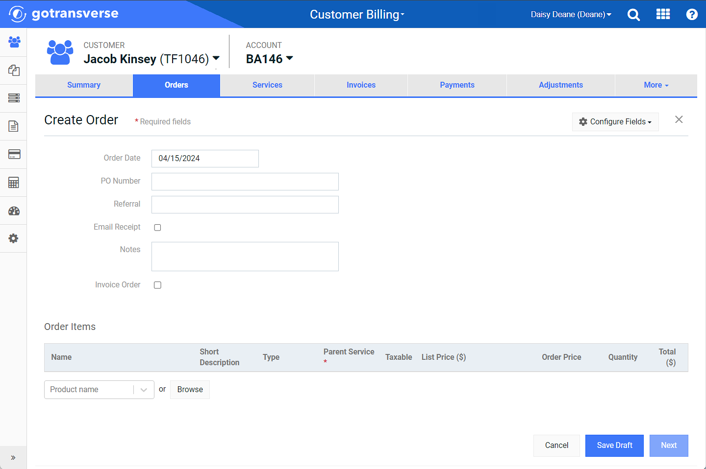 Create Order Window