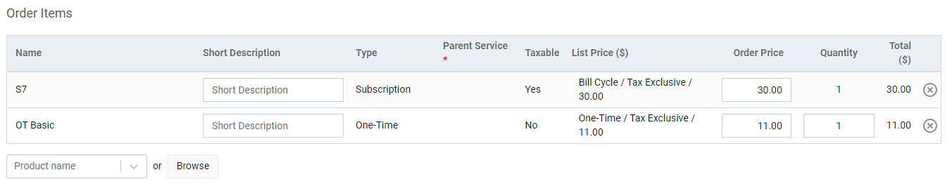 Order Items Section - Avalara Communications Tax Processor