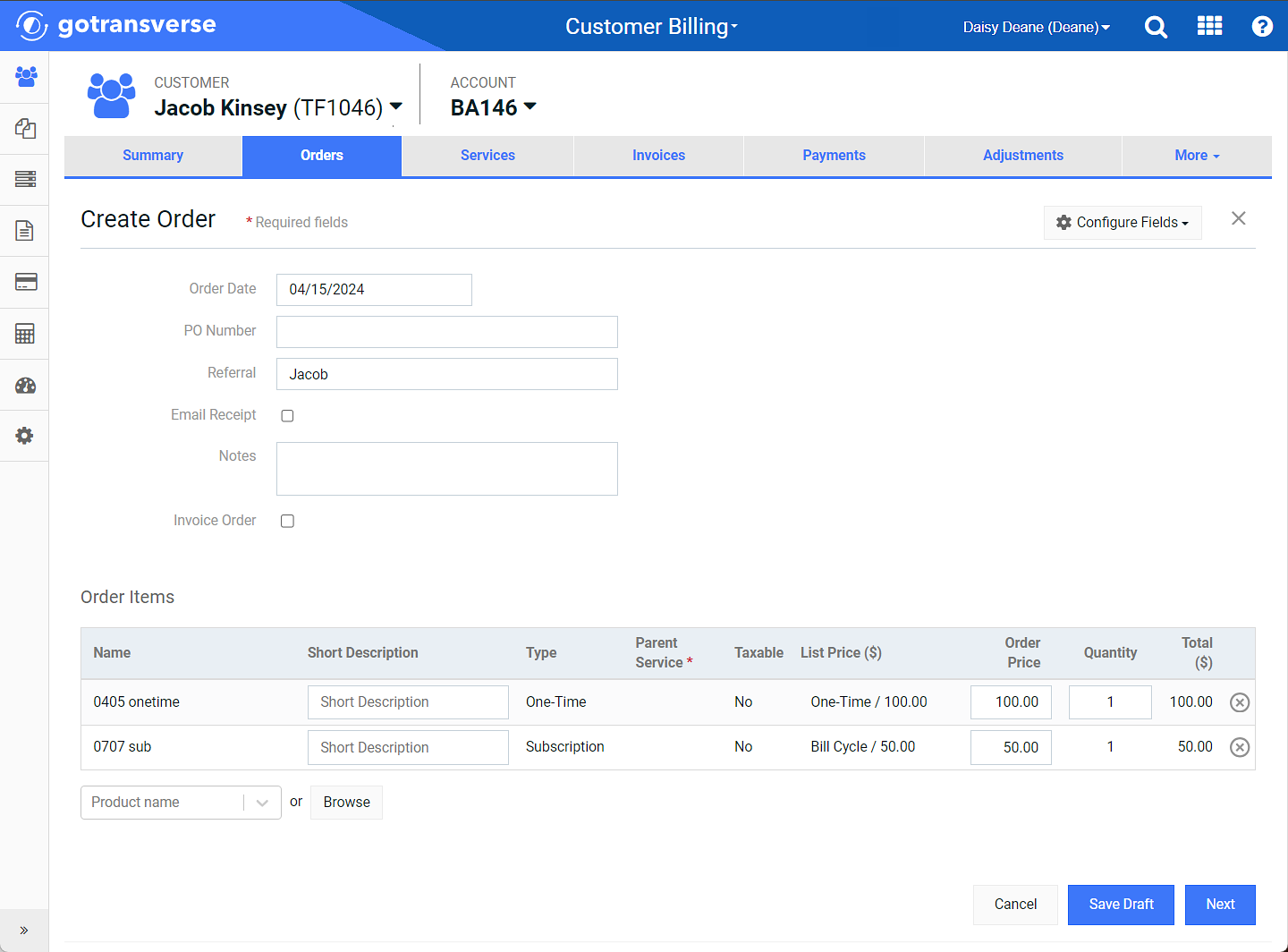 Create Order - Order Item Fields