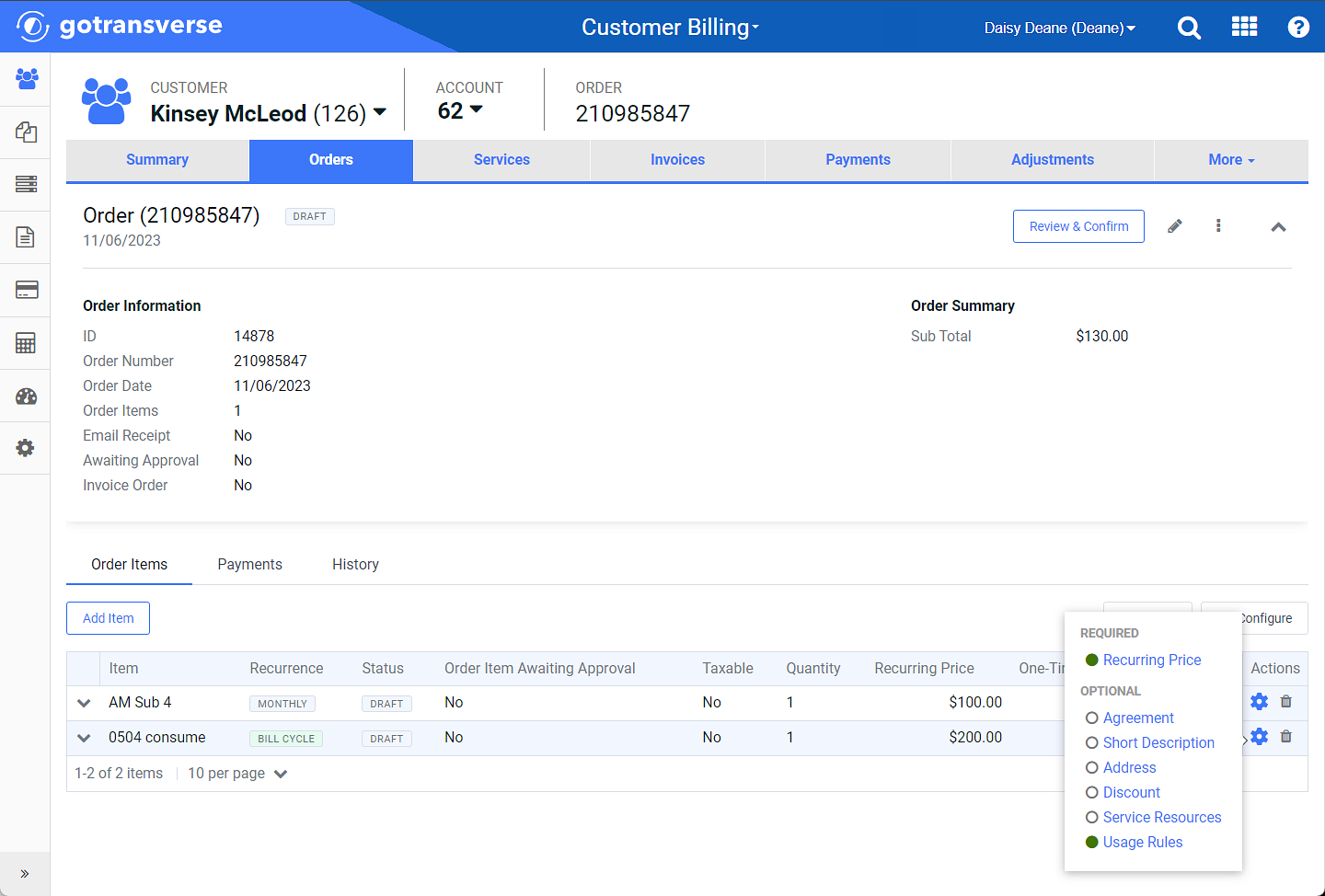 Configure Order Items Options