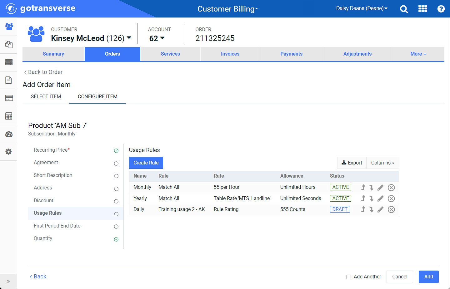 Add Order Item - Configure Item - Usage Rules