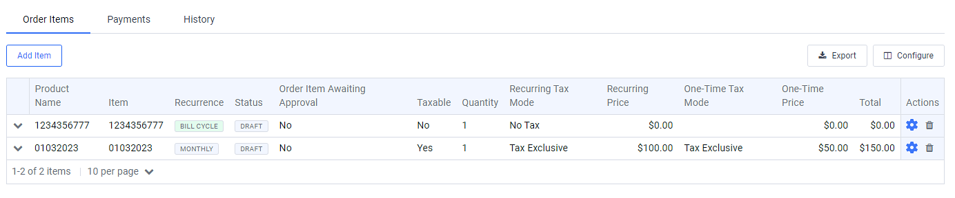 Order Items Section - Avalara Communications Tax Processor