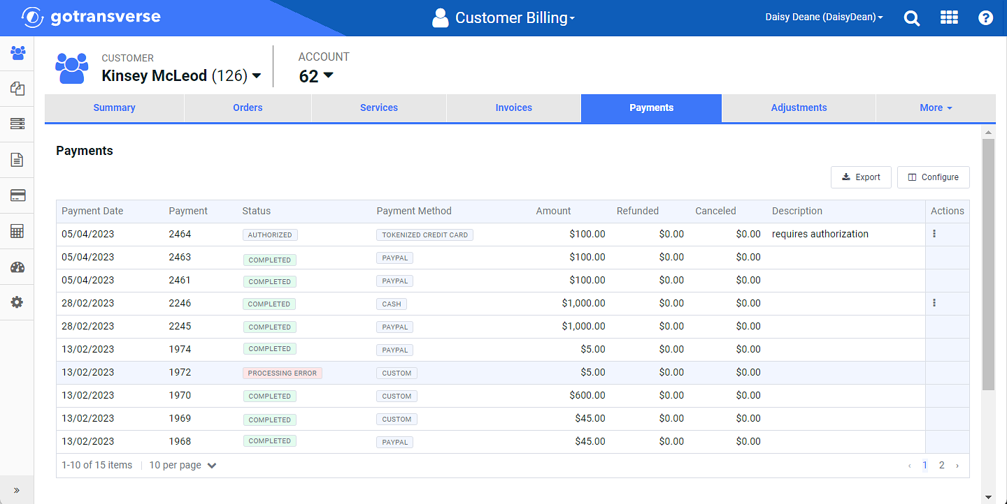 Customer Account Window - Payments Tab