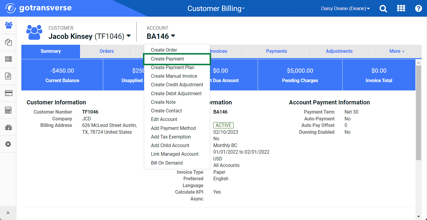 Account Drop-down Menu - Create Payment Option