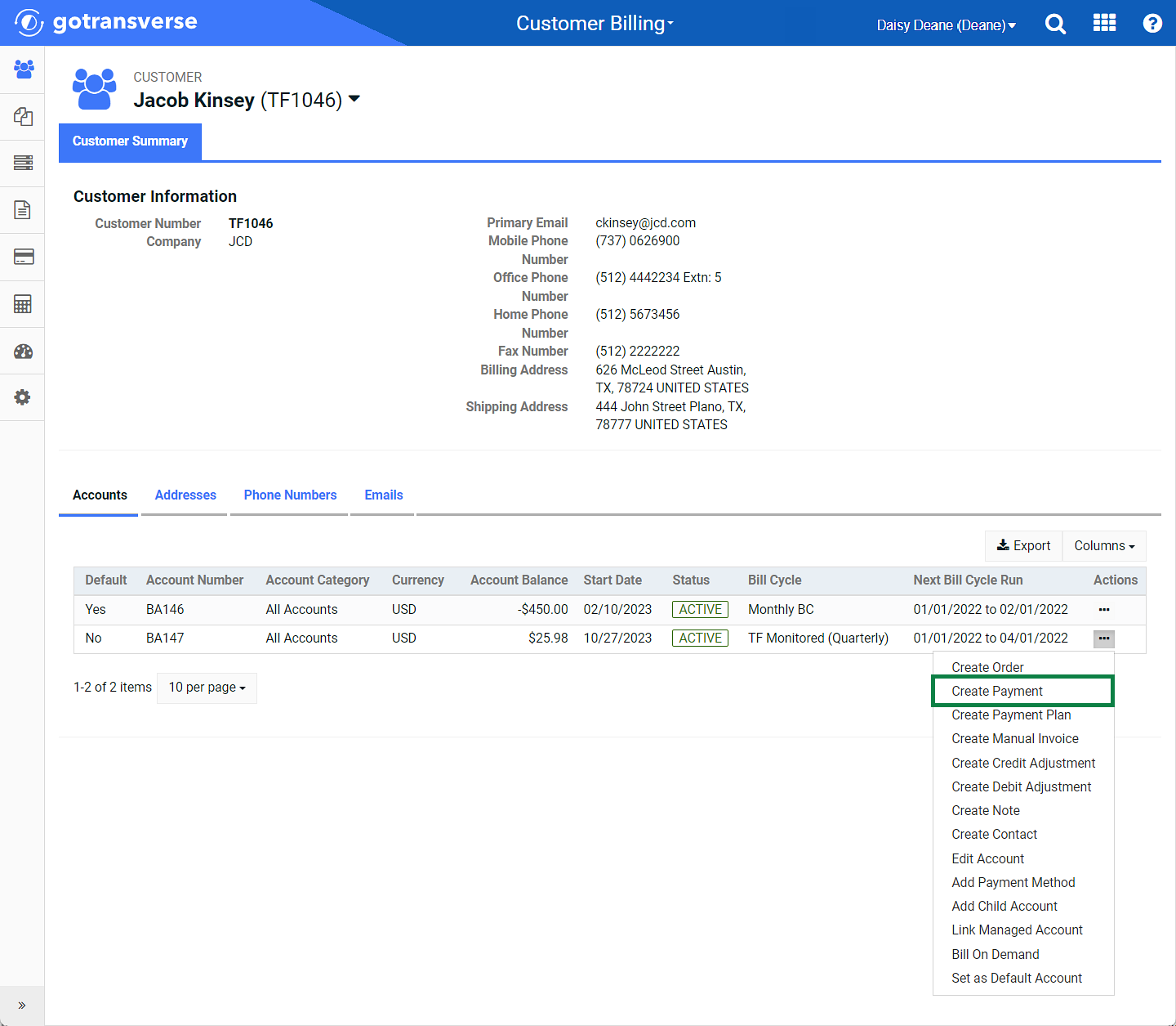 Customer Summary Window - Create Payment