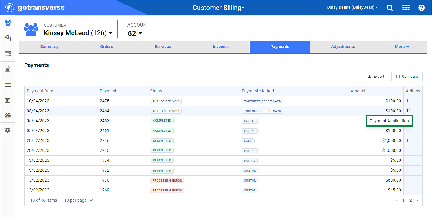 Actions Menu Option - Payment Application