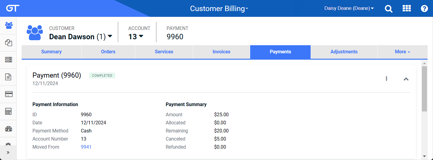 Payment Details Window for Payment that was Moved