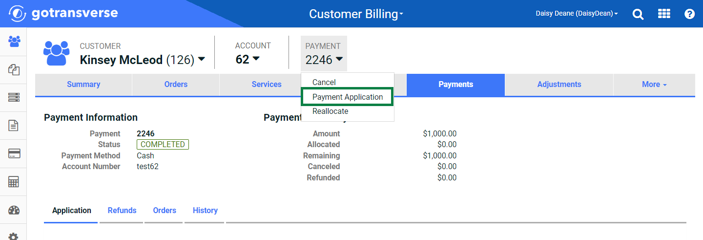 Payment Action Menu - Payment Application Option