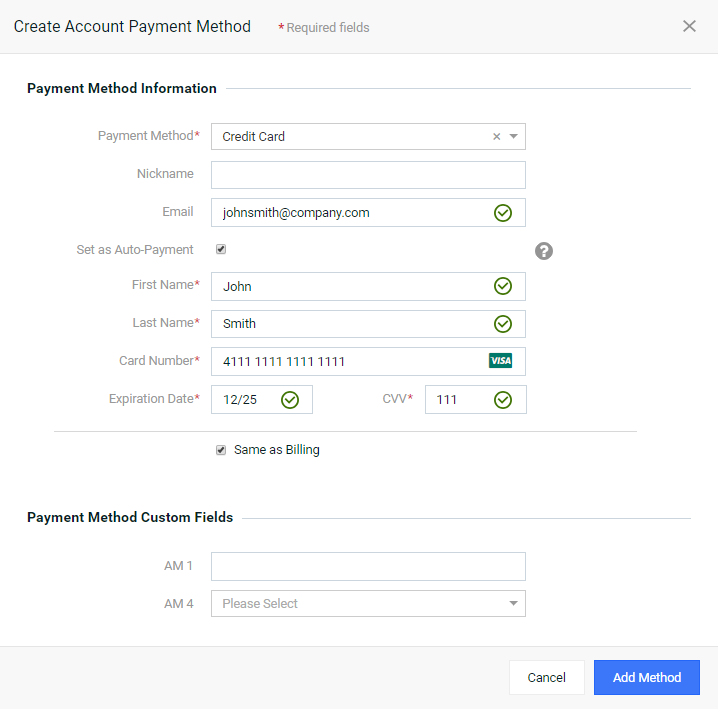 Create Account Payment Method Window