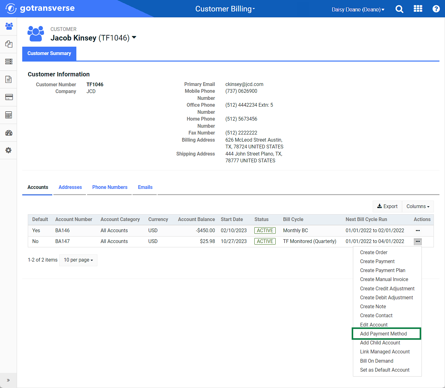 Customer Summary Window - Add Payment Method