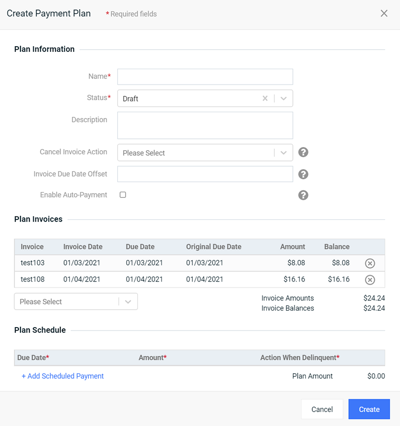 Create Payment Plan Window