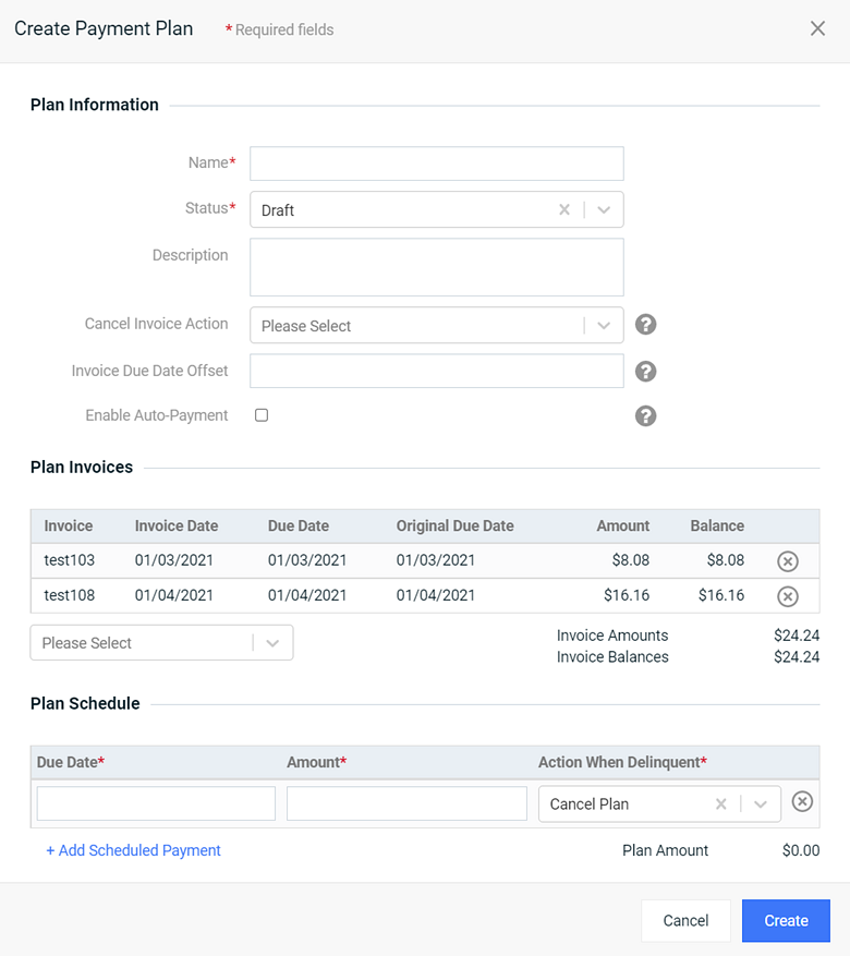 Plan Schedule Section of the Create Payment Plan Window