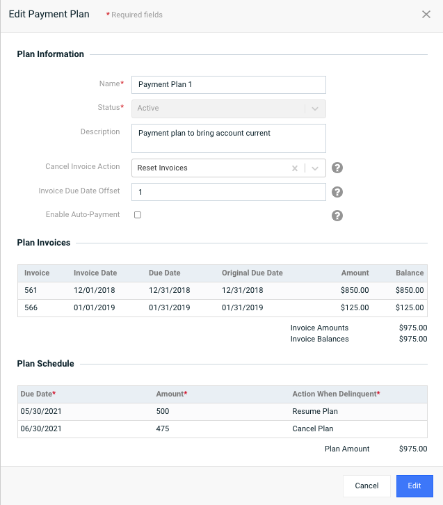 Edit Payment Plan Window