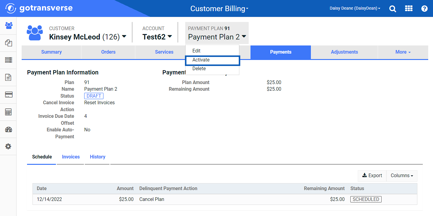 Payment Plan Action Menu - Activate Option