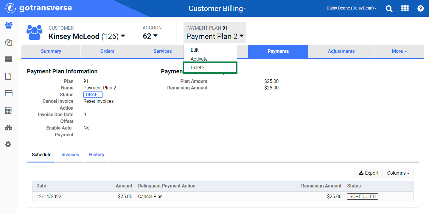 Payment Plan Action Menu - Delete Option