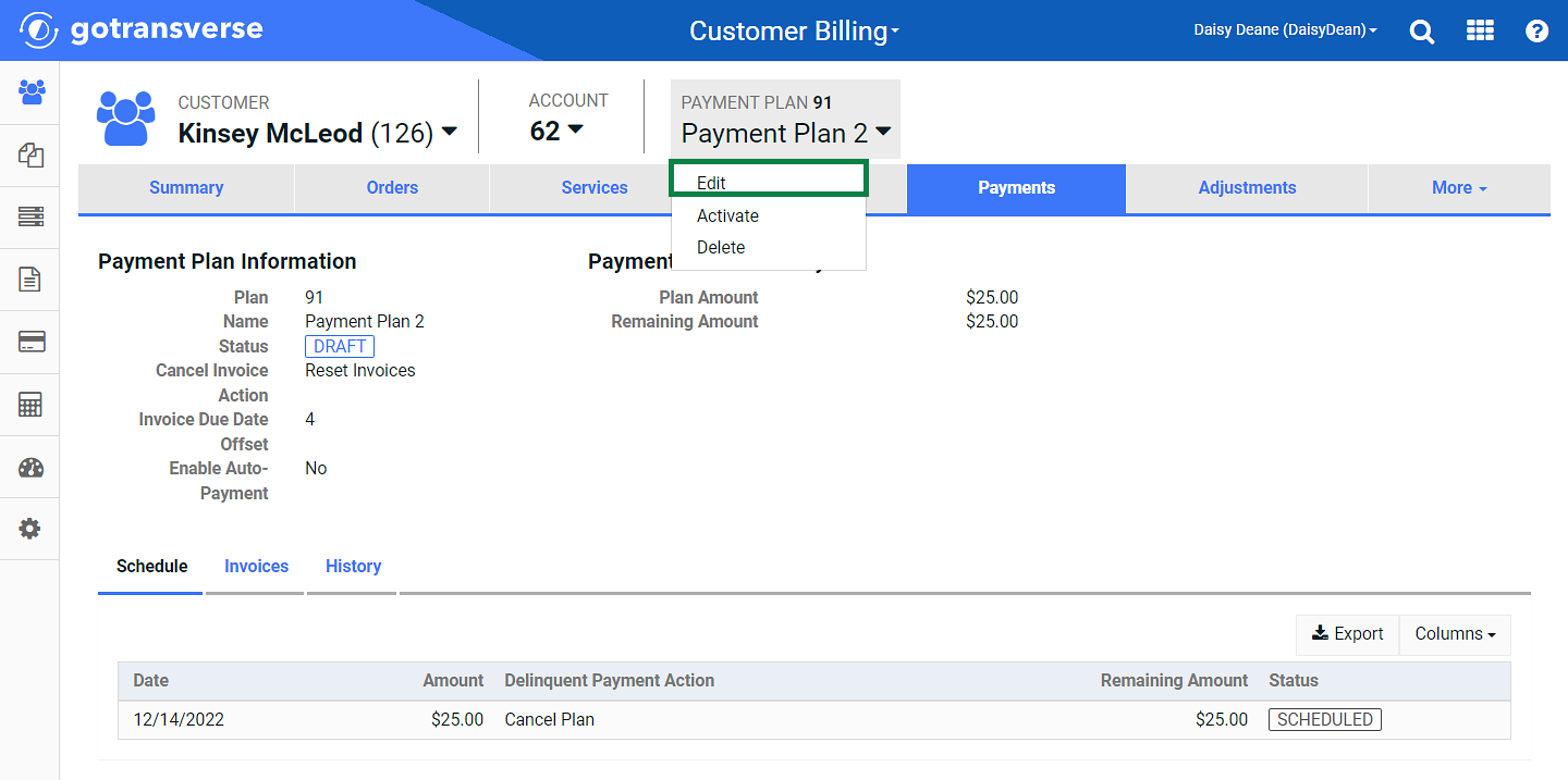 Payment Plan Action Menu - Edit Payment Plan Option