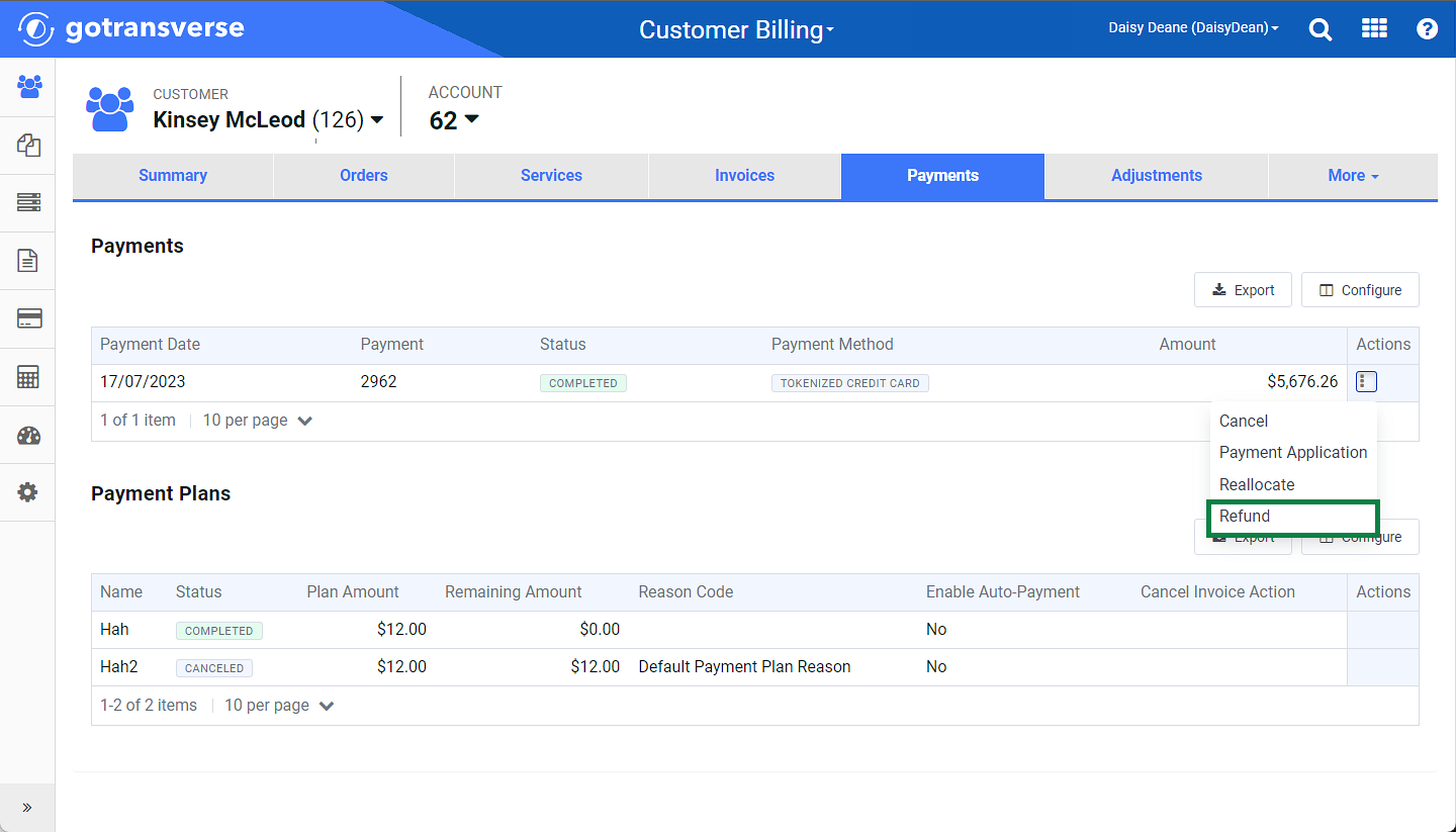 Table Actions Menu - Refund Option