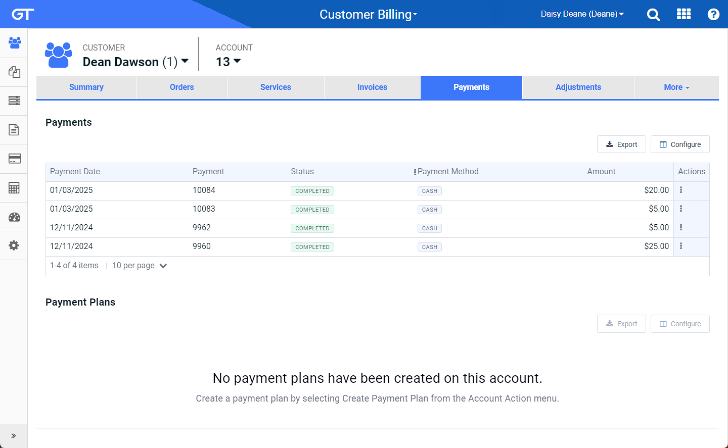 Customer Account's Payments Tab Window