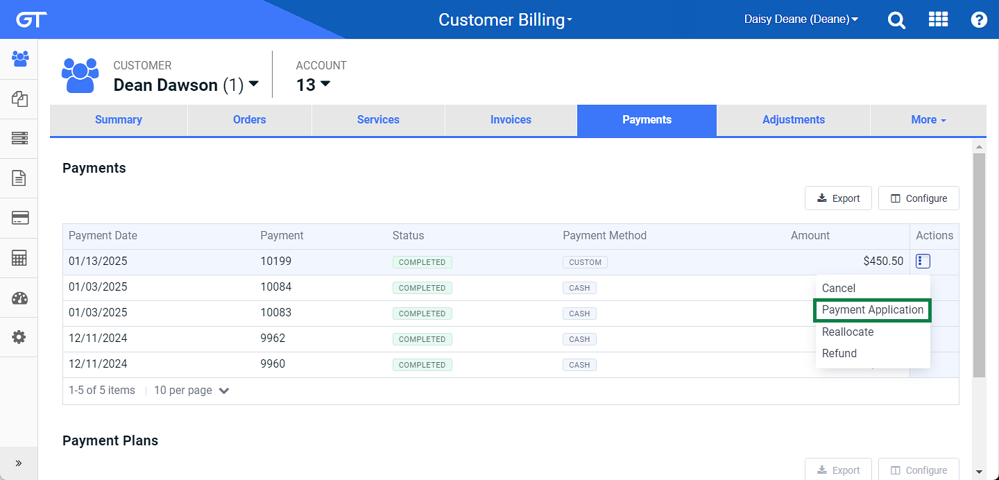 Actions Menu Option - Payment Application