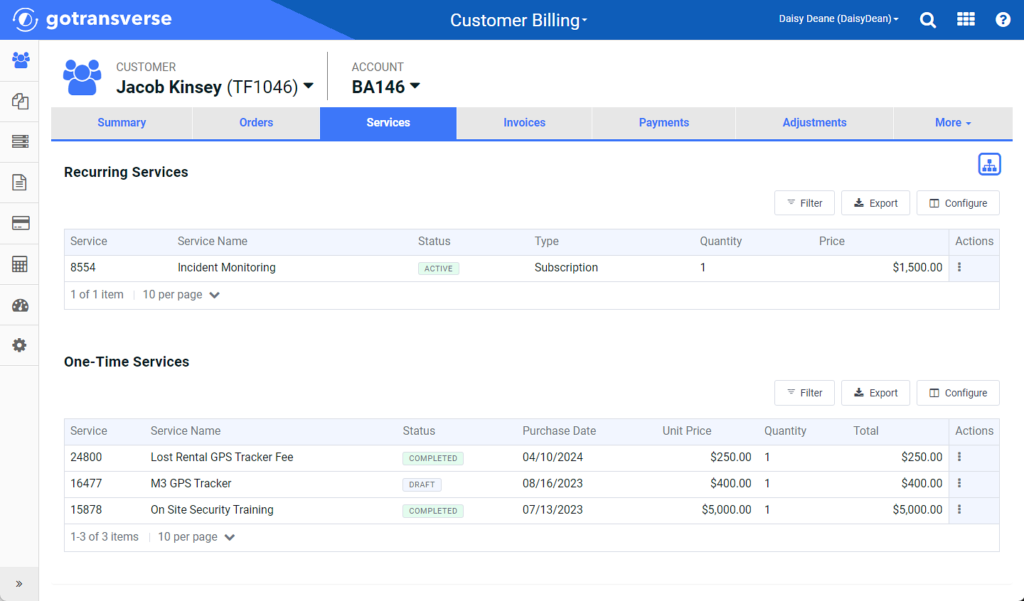 Services Tab - Recurring and One-Time Services