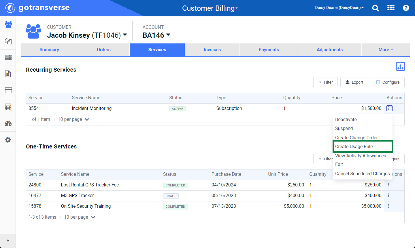 Recurring Services - Create Usage Rule Option