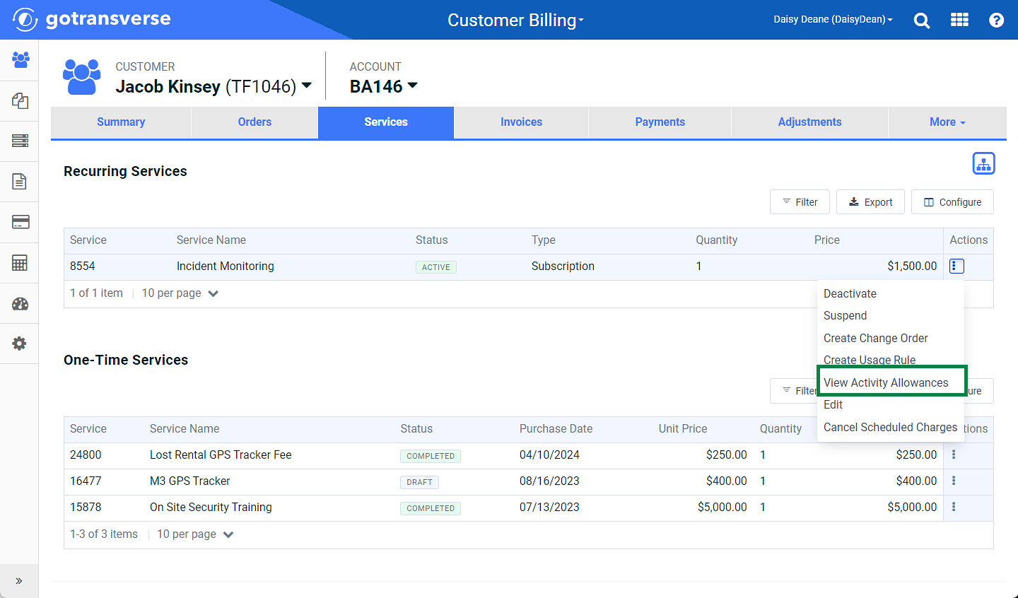 Action Menu - View Activity Allowances Option