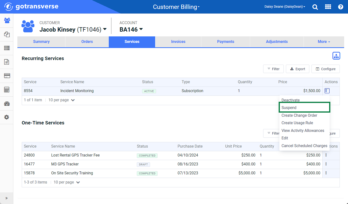 Services Window - Suspend Option