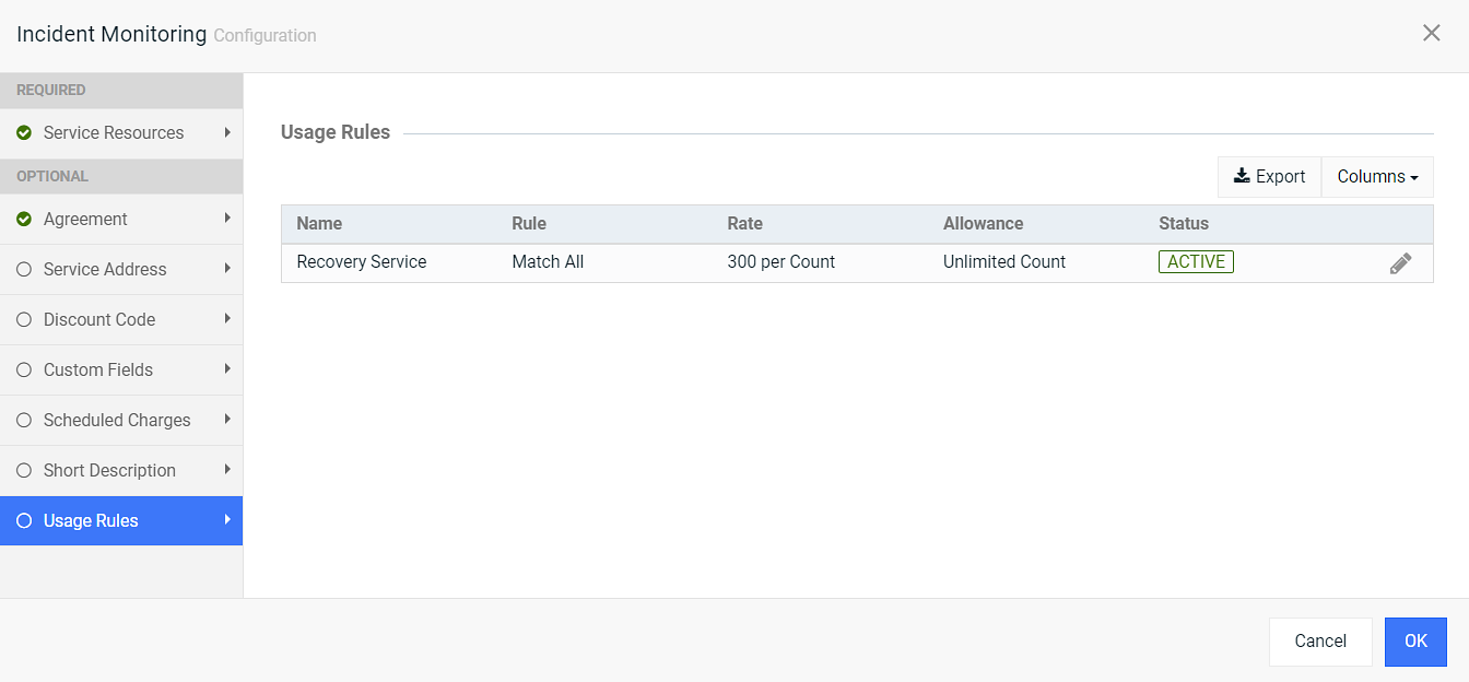 Usage Rules Configuration Window