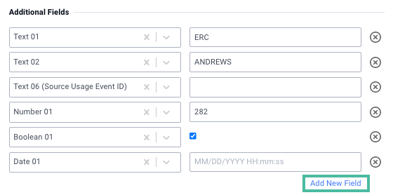 Create Usage Event Window - Additional Fields Section